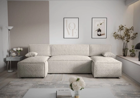 Rohová sedací souprava s funkcí spaní Brandon U krémový lněný kontejner měkká tkanina s výrazným smyčkovým povrchem