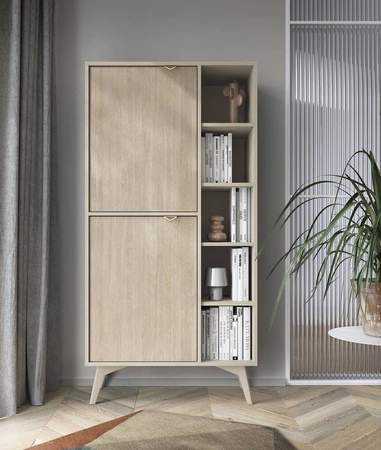 Knihovna Wald 80 cm béžová / béžová rybí kost Skandinávský design stabilní knihovna na vysokých nohách s dvířky do obývacího pokoje vkusný vzor rybí kost