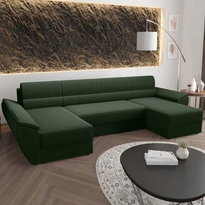 Rohová pohovka s funkcí spaní Fogu U III zelená stylová rohová pohovka s područkami a úložným prostorem na lůžkoviny manšestrová tkanina