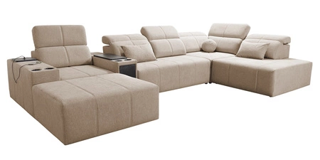 Rohová sedací souprava s funkcí spaní Tesalia V modrá levá komfortní rohová sedací souprava se zásuvkou a funkcí posuvného opěradla