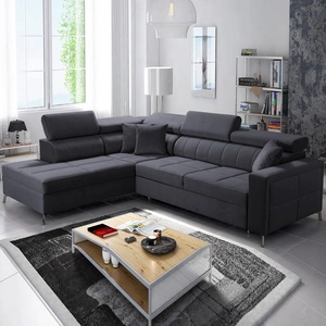 Rohová sedací souprava s funkcí spaní Nausa III grafitová levá sametová stylová pohodlná rohová sedací souprava nastavitelné opěrky hlavy nádoba na lůžkoviny