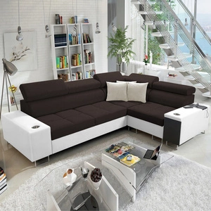 Rohová sedací souprava s funkcí spaní Dafni II hnědo-bílá pravoúhlá tkaná rohová sedací souprava s úložným prostorem na lůžkoviny a celoplošnou výsuvnou zásuvkou