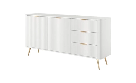 Zásuvková komoda Lante 163 cm bílá vkusná komoda s drážkovanými čely na vysokých šikmých nohách se stylovými úchyty