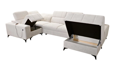 Rohová sedací souprava s funkcí spaní Penejos IV krémová pravostranná stylová rohová sedací souprava se dvěma nádobami na lůžkoviny odolná látka