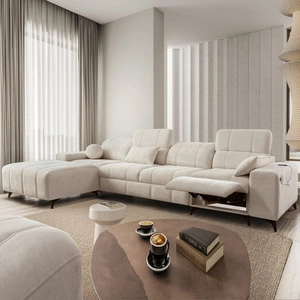 Rohová rozkládací pohovka s funkcí spaní Penejos XII Lux krémová levá stylová rohová rozkládací pohovka s pohodlnou výsuvnou opěrkou nohou