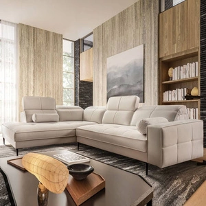 Rohová sedací souprava Samos béžová levá moderní design jednoduchý a stylový korpus, který se hodí do každého interiéru nastavitelné opěrky hlavy