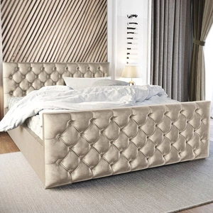 Čalouněná postel Viamao 140x200 béžová s kontejnerem v moderním skandinávském stylu s prošívaným čelem a nohou