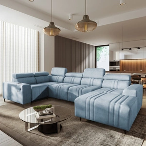 Rohová pohovka s funkcí spaní Castel IV modrá pravostranná stylová rohová pohovka s kontejnery na lůžkoviny a nastavitelnými opěrkami hlavy