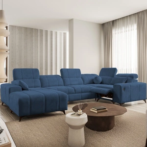 Rohová pohovka s funkcí spaní Penejos IV Lux modrá levostranná stylová rohová pohovka s pohodlným výsuvným podnožníkem