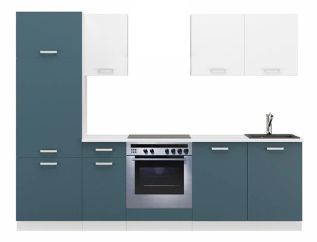 Kuchyňská sestava Toni 260 cm bílá / mořská s pracovní deskou vypadá skvěle v moderních interiérech