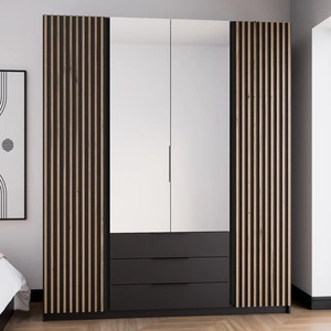 Zrcadlová šatní skříň Kastano V 200 cm černá stylová šatní skříň do předsíně Dveře šatní skříně zdobené dubovými lamelami evoke