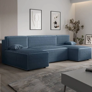 Rohová sedací souprava s funkcí spaní Brandon U modrý kontejner na lůžkoviny trojrozměrná látka s výraznými pruhy
