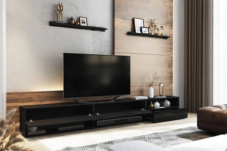 Lawrio 266 cm černá / lesklá černá RTV skříňka se závěsem a policemi stylový design, který se hodí do každého interiéru