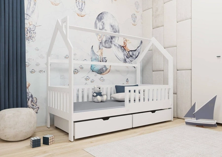 Dřevěná postel Timon 80x200 cm bílá moderní design dětský domeček postel z masivního borovicového dřeva prostorné zásuvky