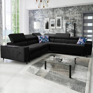 Rohová rozkládací pohovka s funkcí spaní Belvi IV černá levá elegantní a stylová rohová rozkládací pohovka do obývacího pokoje praktický úložný prostor v boční části