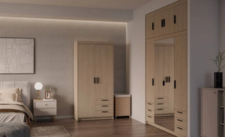 Šatní skříň Rene 90 cm olejovaný dub moderní design ABS hrany ideální skříň do ložnice nebo šatny prostorné zásuvky