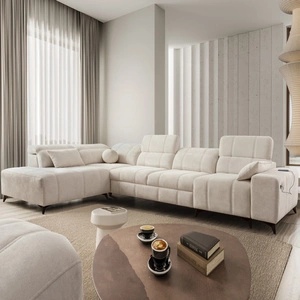 Rohová pohovka s funkcí spaní Penejos XI krémová levá pohodlná rohová pohovka s nastavitelnými opěrkami hlavy a dvěma přihrádkami na lůžkoviny