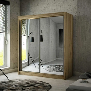 Posuvná šatní skříň Avila 200 cm dub zlatá řemeslná ergonomická a velmi funkční šatní skříň v moderní podobě s geometrickými tvary