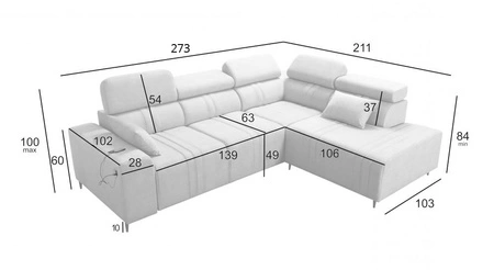 Rohová sedací souprava s funkcí spaní Castel VII grafitová pravá stylová rohová sedací souprava s úložným prostorem na lůžkoviny a nastavitelnými opěrkami hlavy