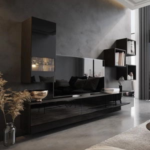 Nástěnná skříňka Peritia černá / černý lesk Minimalistický design nástěnné skříňky pro obývací pokoj nebo zasedací místnost Systém push to open