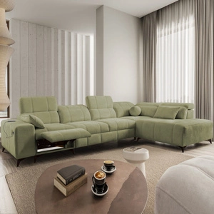 Rohová rozkládací pohovka s funkcí spaní Penejos XI Lux olivová pravostranná stylová rohová rozkládací pohovka s pohodlnou výsuvnou opěrkou nohou