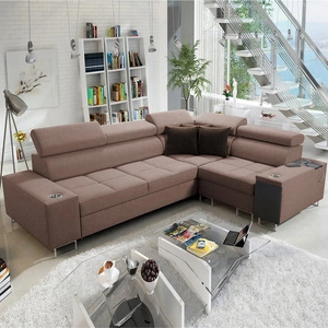 Rohová sedací souprava s funkcí spaní Dafni II světle hnědá pravoúhlá tkaná rohová sedací souprava se zásuvkou na lůžkoviny v boční části nábytku