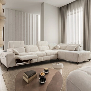 Rohová rozkládací pohovka s funkcí spaní Penejos XI Lux krémová pravá strana stylové rohové rozkládací pohovky s pohodlnou výsuvnou opěrkou nohou