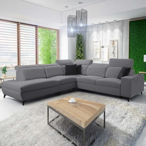 Kelly Sleek IX šedá levá rohová pohovka s funkcí spaní elegantní rohová pohovka s pohodlnými područkami a nastavitelnými opěrkami hlavy