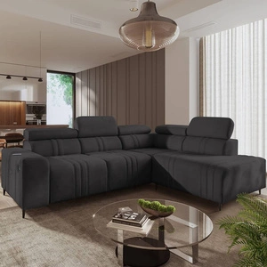 Rohová sedací souprava s funkcí spaní Castel VII grafitová pravá stylová rohová sedací souprava s úložným prostorem na lůžkoviny a nastavitelnými opěrkami hlavy