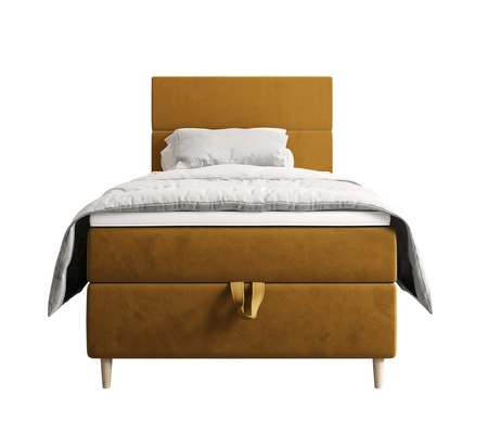 Kontinentální postel Bing 100x200 hořčice v moderním skandinávském stylu s čalouněným čelem postele s úložným boxem