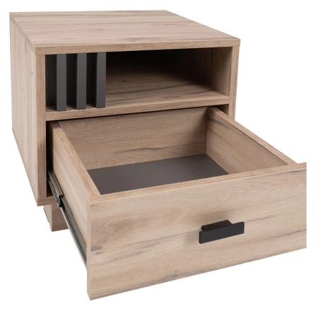 Noční stolek se zásuvkou Estan dub světlý / antracit je funkční kus nábytku v nadčasovém designu ideální noční stolek do ložnice