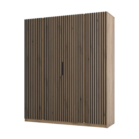 Šatní skříň Kastano XV 200 cm dub evokuje moderní design dveře zdobené černými lamelami ideální skříň do ložnice