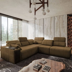 Rohová sedací souprava s funkcí spaní Tesalia IX hnědá pravá strana moderní design pohodlné posuvné opěradlo zásuvka v boku nábytku