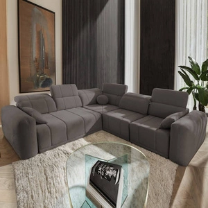 Rohová sedačka s funkcí spaní Cetara III šedohnědá ergonomická rohová sedačka pro praváky s posuvným opěradlem a nastavitelnými opěrkami hlavy