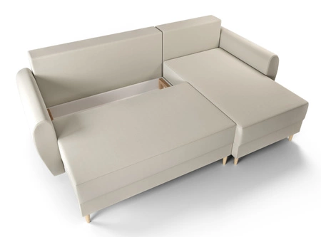 Rohová sedací souprava s funkcí spaní Rovigo Krémová pravá rohová sedací souprava ve skandinávském stylu Velký prostor na lůžkoviny
