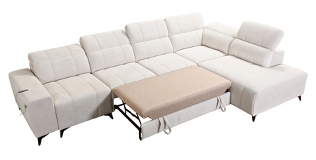 Rohová pohovka s funkcí spaní Penejos XI krémová pravá pohodlná rohová pohovka s nastavitelnými opěrkami hlavy a dvěma přihrádkami na lůžkoviny