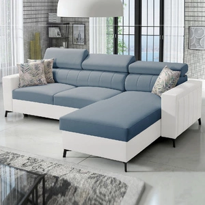 Rohová sedací souprava s funkcí spaní Savona modrá / bílá pravá elegantní rohová sedací souprava s nastavitelnými opěrkami hlavy dekorativní prošívání