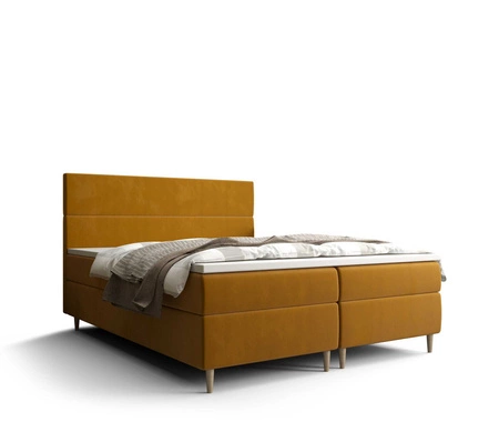 Kontinentální postel Bing 160x200 hořčice v moderním skandinávském stylu s výrazným čelem