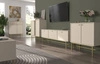 RTV skříň Kioto III 121 cm béžová elegantní skříň s dvířky otevíranými dolů tlumené barvy zlatý kovový rám