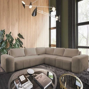 Rohová pohovka s funkcí spaní Bovec III tmavě béžová pravá strana stylová rohová rozkládací pohovka ideální pro prostorný obývací pokoj