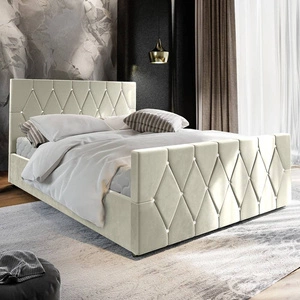 Čalouněná postel Tifton 140x200 béžová s úložným prostorem v moderním stylu s výrazným čelem a nohou s krystaly