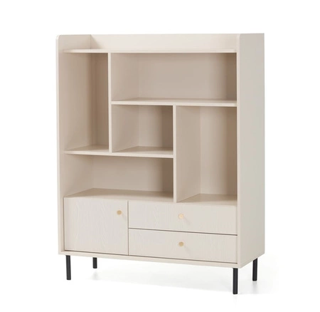 Knihovna Ferdi 104 cm béžová písková zajímavý design stylová knihovna se zásuvkami a uzamykatelnou skříňkou vysoká horní hrana
