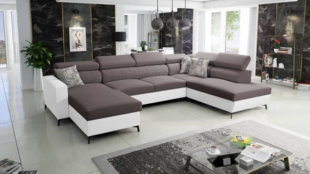 Rohová sedací souprava s funkcí spaní Savona VI hnědá / bílá levá elegantní a pohodlná rohová sedací souprava do obývacího pokoje dvě nádoby na lůžkoviny 