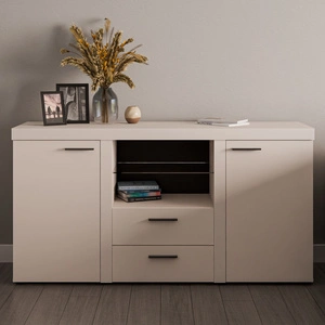 Komoda Rene 156 cm pískově béžová elegantní a univerzální styl komody do obývacího pokoje vkusné černé úchyty