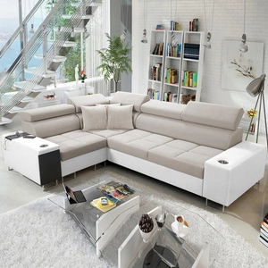 Rohová sedací souprava s funkcí spaní Dafni II světle béžová / bílá levá sametová rohová sedací souprava s úložným prostorem na lůžkoviny s plnovýsuvnou zásuvkou