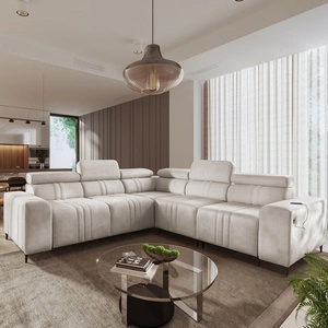 Rohová sedací souprava s funkcí spaní Castel III béžová pravá rohová sedací souprava se dvěma lůžkovinami nastavitelné opěrky hlavy