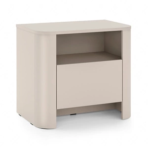 Noční skříňka Bari béžová moderní designová skříňka do ložnice s oválným tvarem bezúchytkový systém otevírání zásuvek push to open