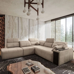 Rohová sedací souprava s funkcí spaní Tesalia IX béžová levá moderní design pohodlný posuvný opěrák zásuvka v boku nábytku