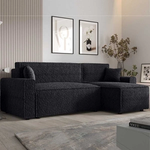 Rohová sedací souprava s funkcí spaní Brandon Bis černá pravá strana měkká tkanina s charakteristickou smyčkovou povrchovou nádobou na lůžkoviny