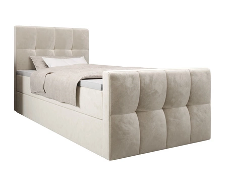 Manhattan 90x200 béžová kontinentální postel v moderním skandinávském stylu s čalouněným čelem a nohou postele s úložným boxem